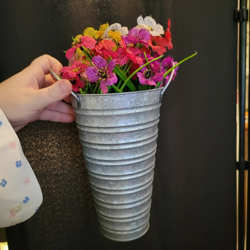 Galvanized Metal Wall Vase with Colorful Faux Flowers • Farmhouse Wall Decor